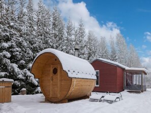 A wooden cabin with a snow-covered exterior, a red building adjacent to it, and snow-laden trees in the background.
