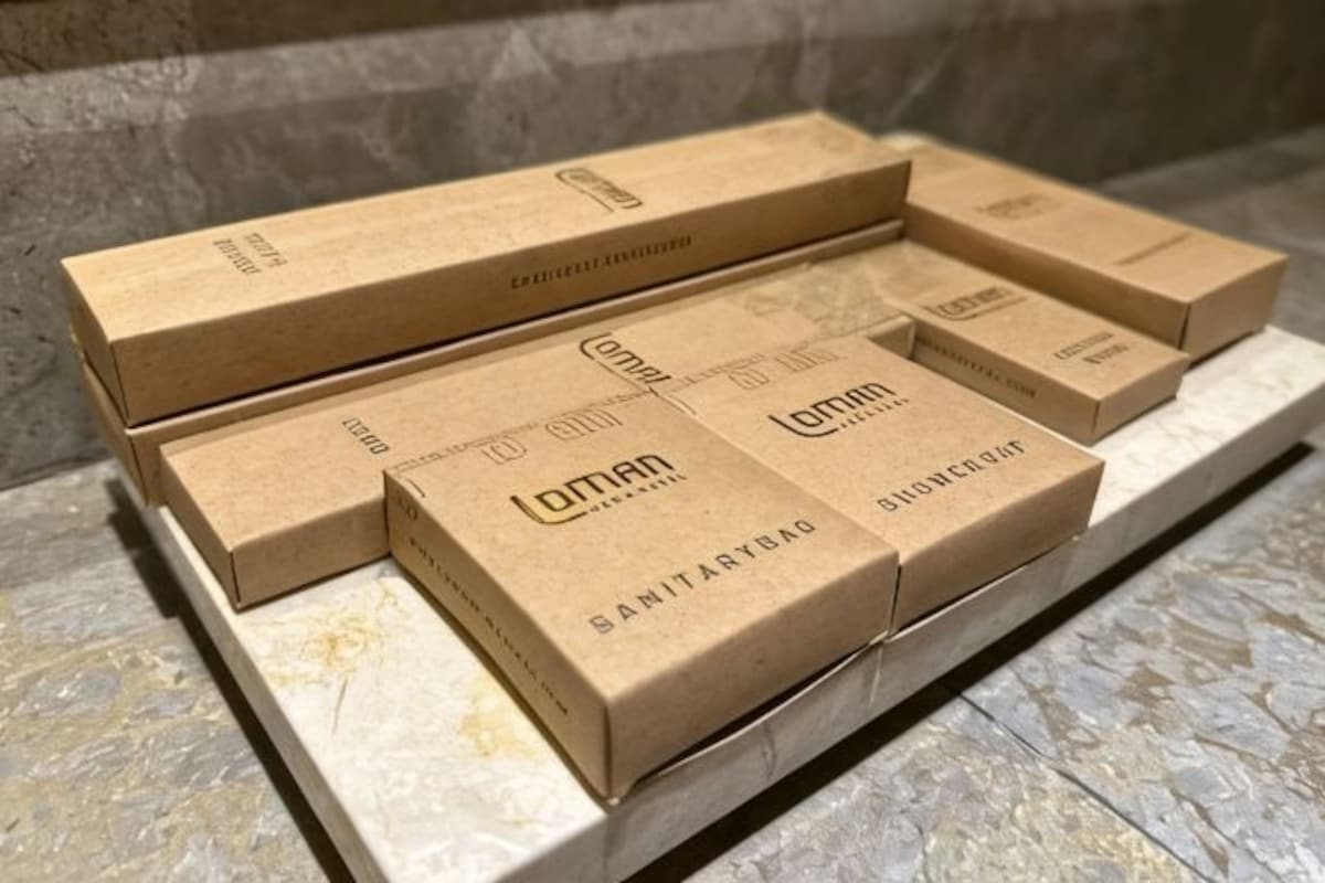 Cuatro cajas de cartón sobre una superficie de mármol.