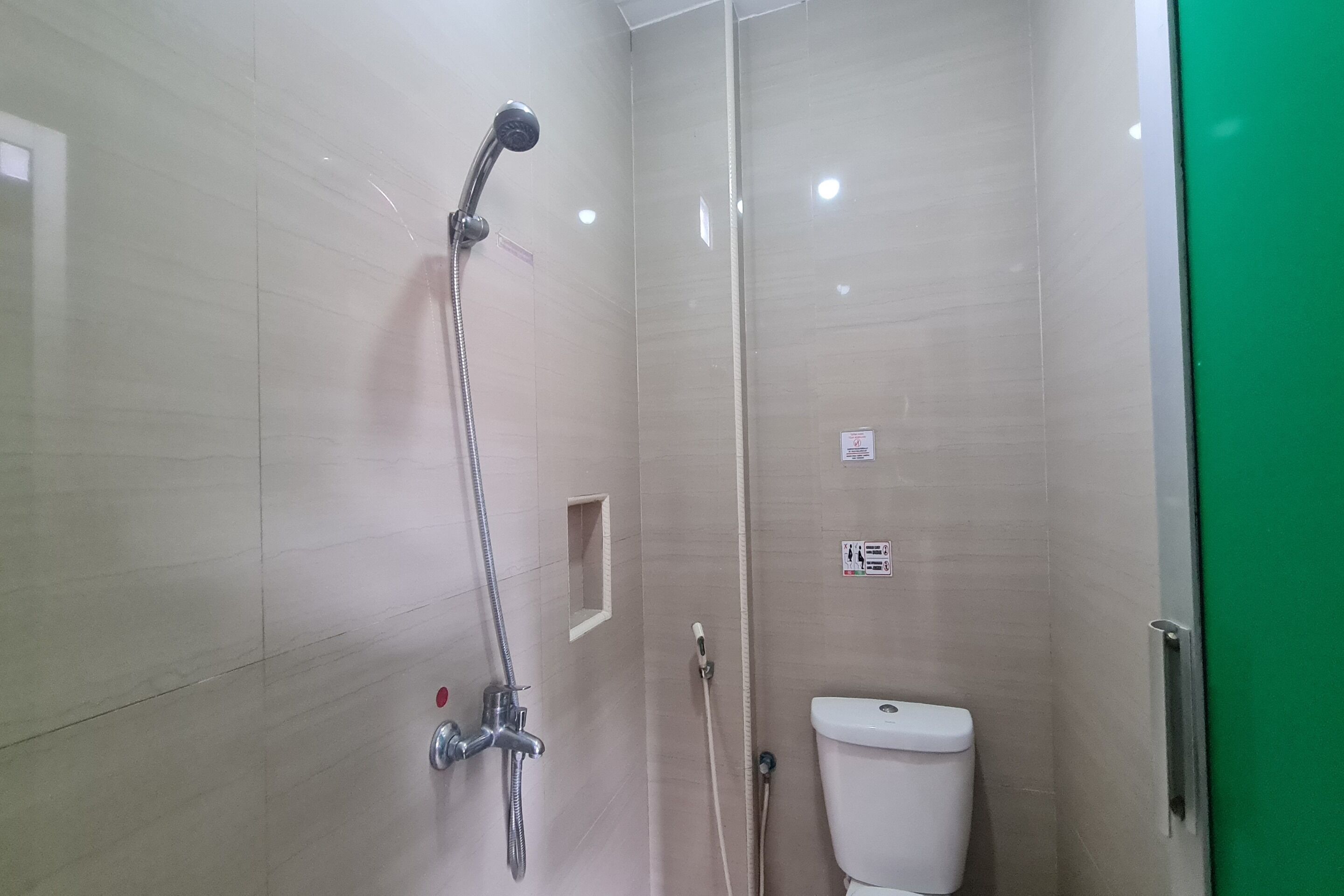 A small, enclosed bathroom with a shower, toilet, and a green door.