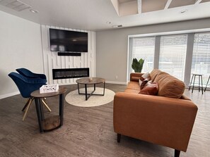 Smart TV, fireplace, books, video library