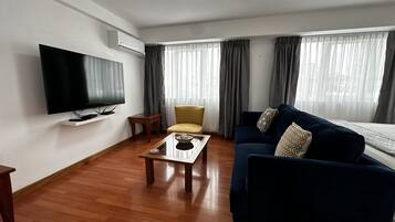 Business Apartment, 1 Queen Bed, Housekeeping, Executive Level | Living area | 55-inch Smart TV with cable channels