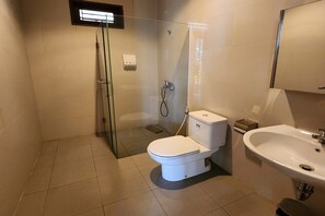 Une salle de bain avec une douche à parois de verre, des toilettes blanches et un lavabo.