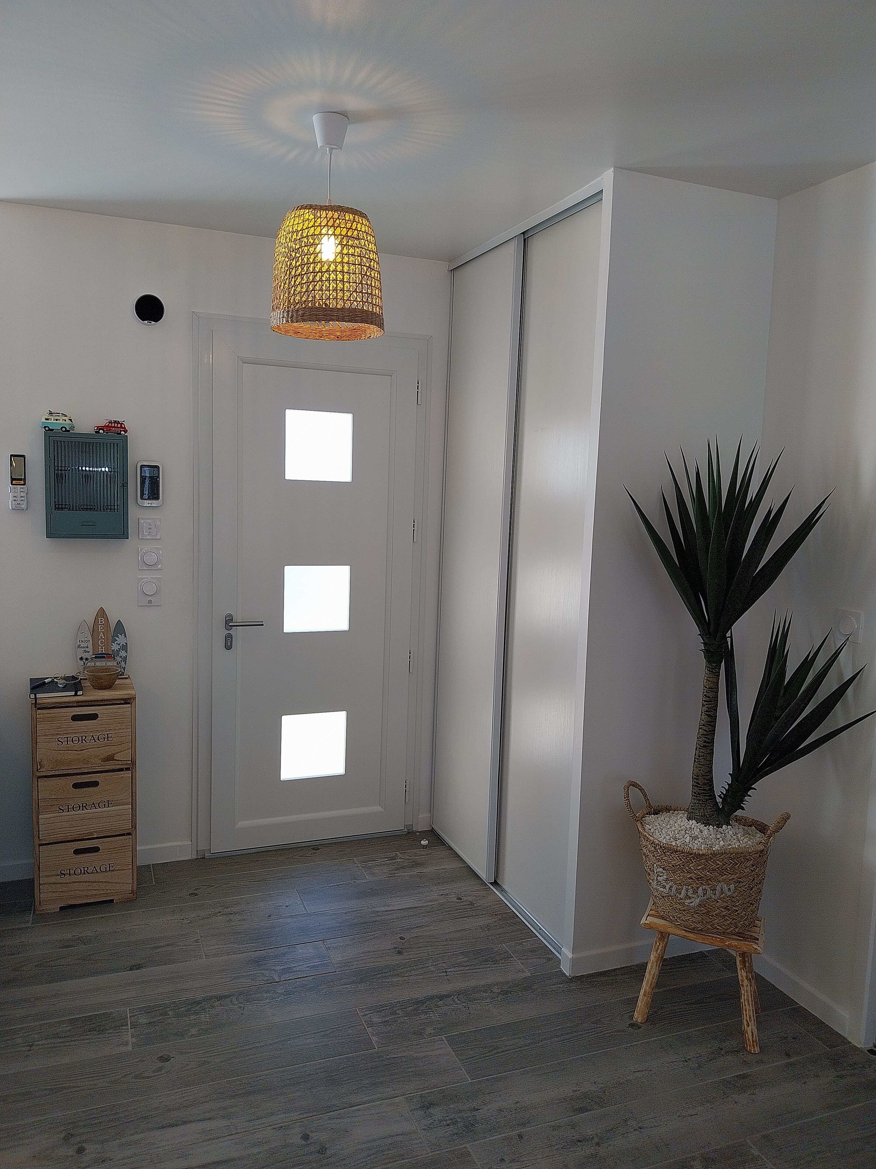 En hall med en vit dörr, en lampa av rotting, en krukväxt och en förvaringsmöbel i trä.