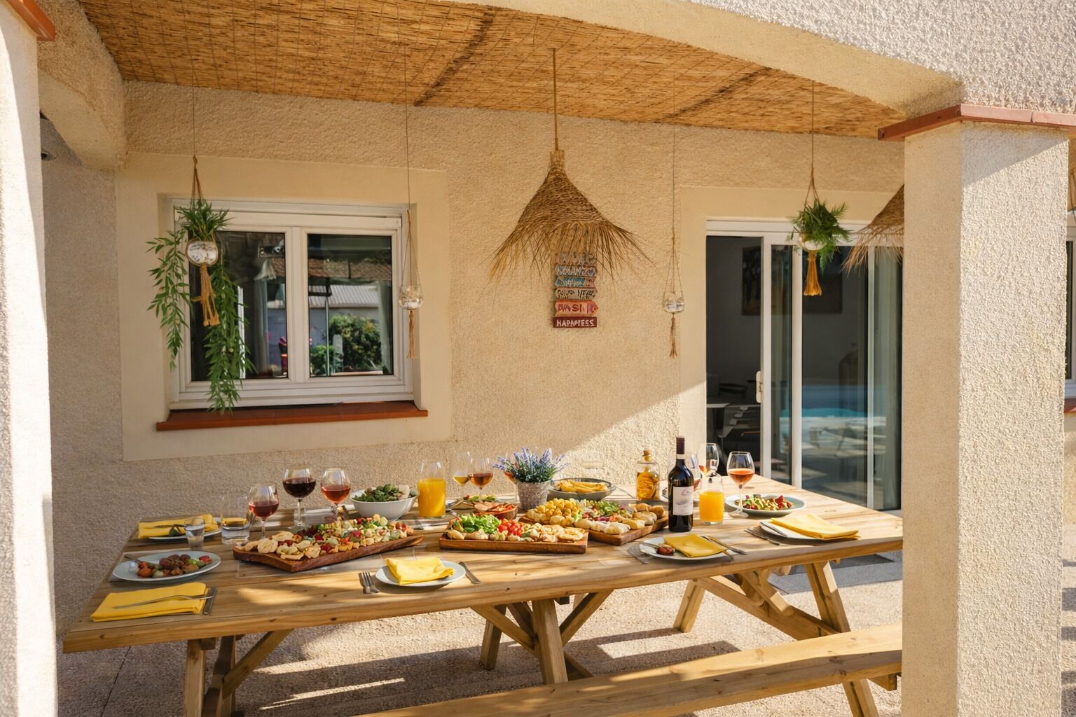 Un espace de restauration en plein air, avec une table en bois dressée pour un repas, entouré d’un toit de chaume et offrant une vue sur la mer.