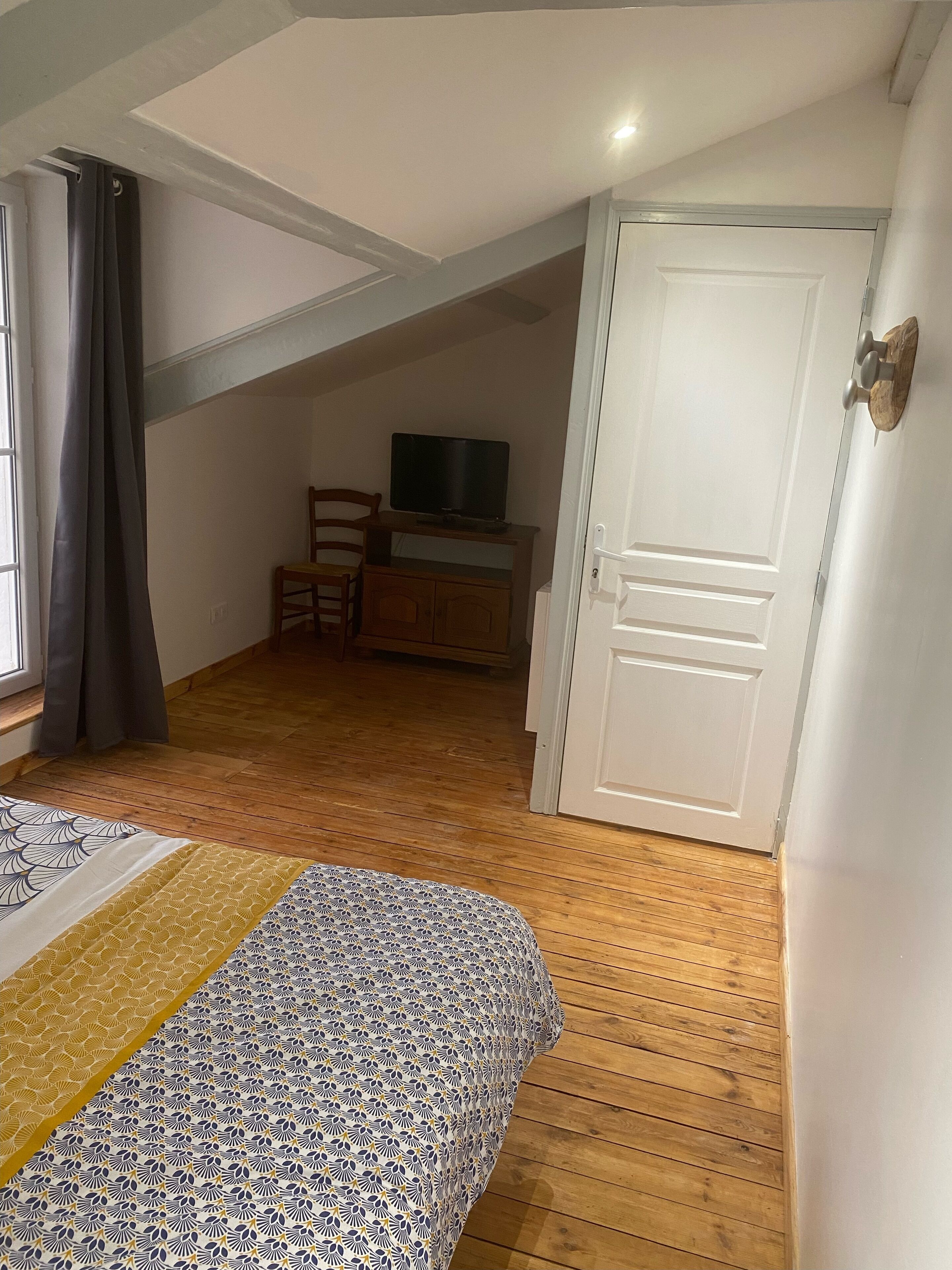Una camera da letto con pavimento in legno, un letto con copripiumino fantasia, una televisione su un supporto in legno, una sedia e una porta.