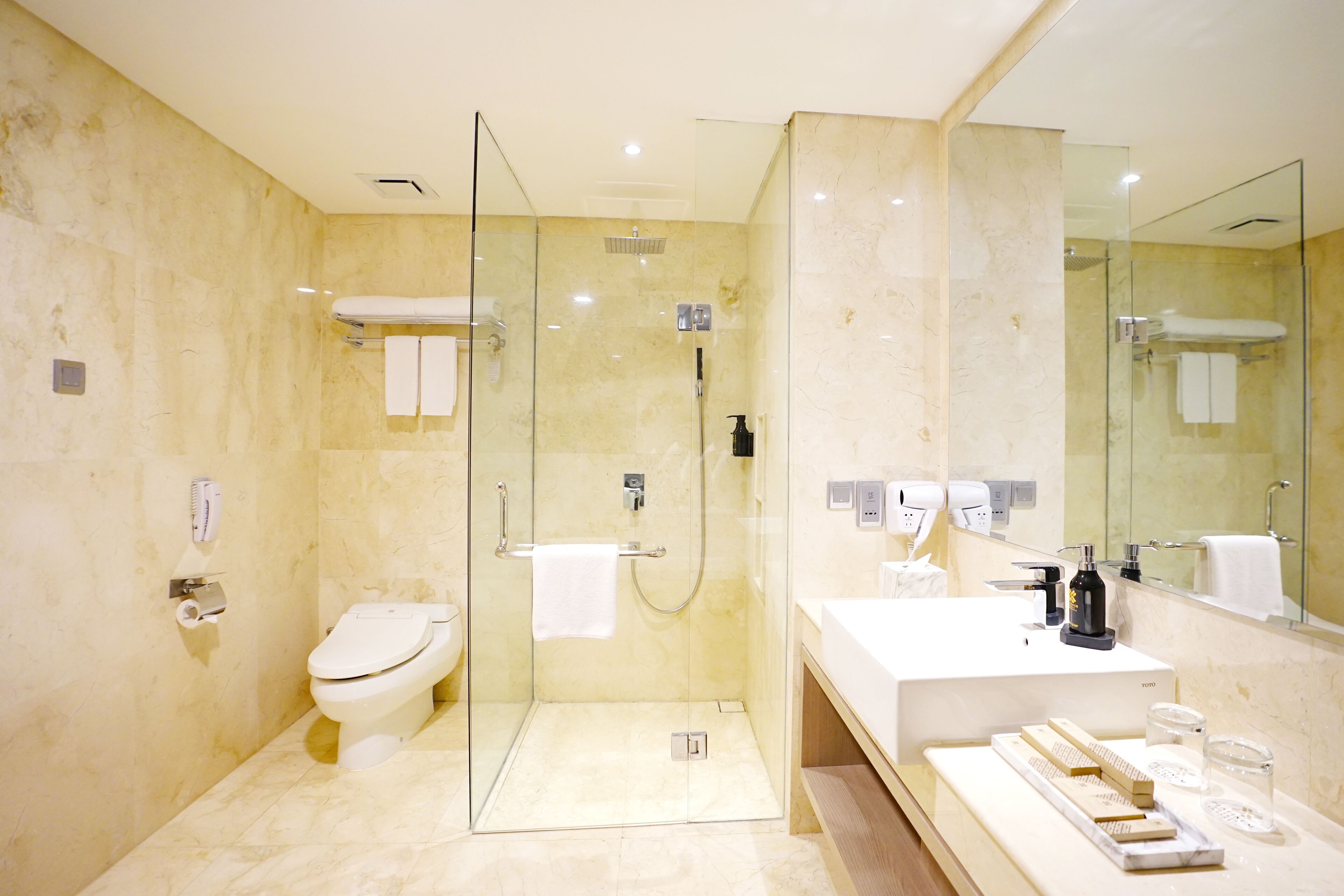 Une salle de bain moderne avec une douche à parois de verre, des toilettes, un lavabo avec des articles de toilette et un grand miroir.