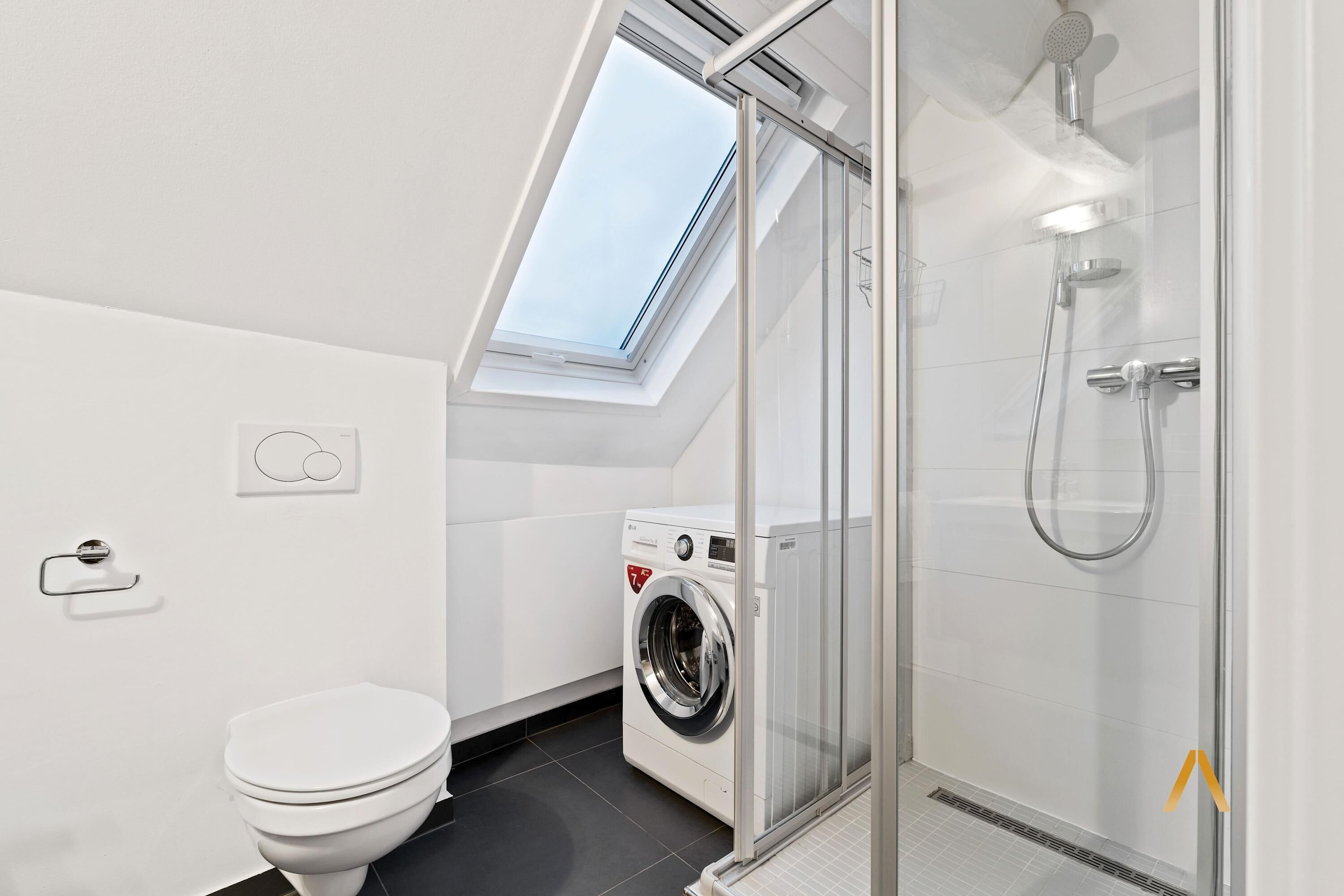 A modern bathroom with a skylight, a washing machine, a toilet, and a glass-enclosed shower area.