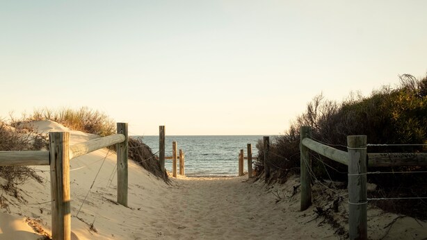 A sandy beach path leading to the sea with wooden railings on both sides.