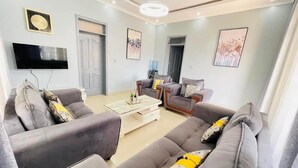 Deluxe Room | Living area | 48-inch LED TV with cable channels, fireplace, video-game console - EXOTIC HOMES (Kigali)
