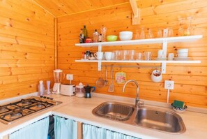 Fridge, microwave, stovetop, coffee/tea maker
