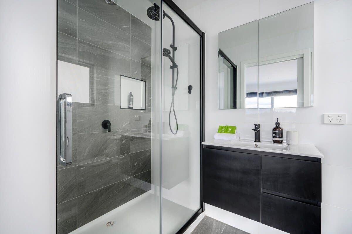 Shower, hair dryer, shampoo
