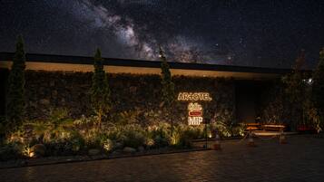 A starry night sky, a stone wall, and a neon sign for AR+OTEL Cabin.