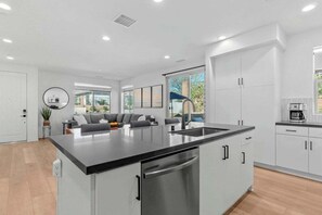 A modern kitchen with a central island, white cabinetry, and a built-in dishwasher.