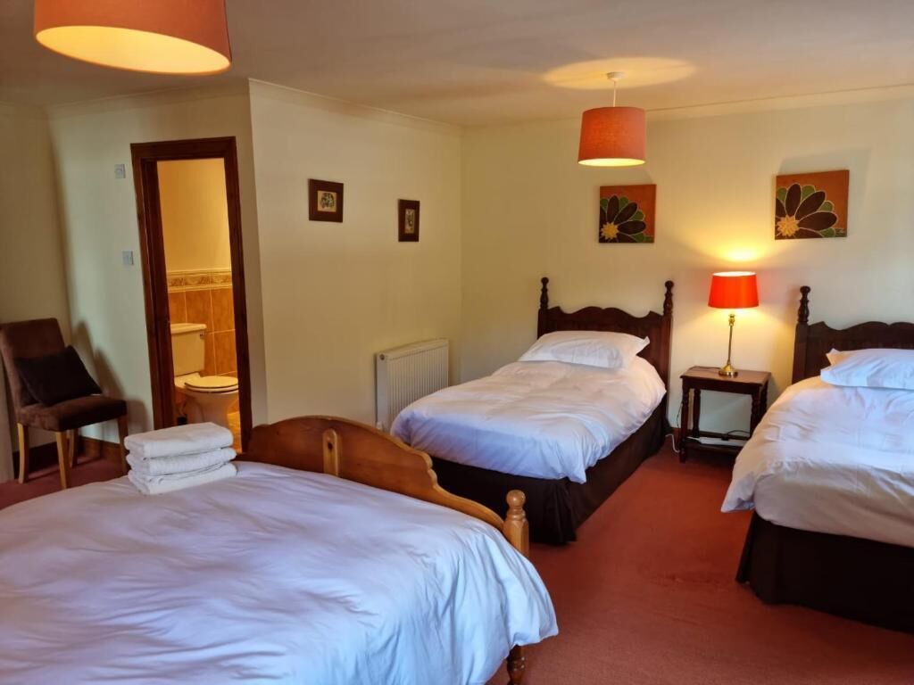 Habitación de hotel con tres camas individuales, una silla de madera, una mesita y una lámpara.