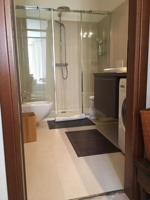 Regadera, secadora de cabello, bidet, toallas 