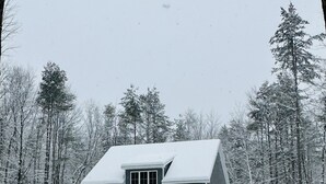 A two-story house with a sloped roof, surrounded by a snowy landscape and tall trees. - Hidden Hollow - Your Outdoor destination (Greig)