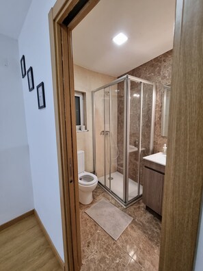 Shower, hair dryer, towels, toilet paper