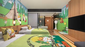 Cozy retreat with two beds, a flat-screen TV, and a fun mural.