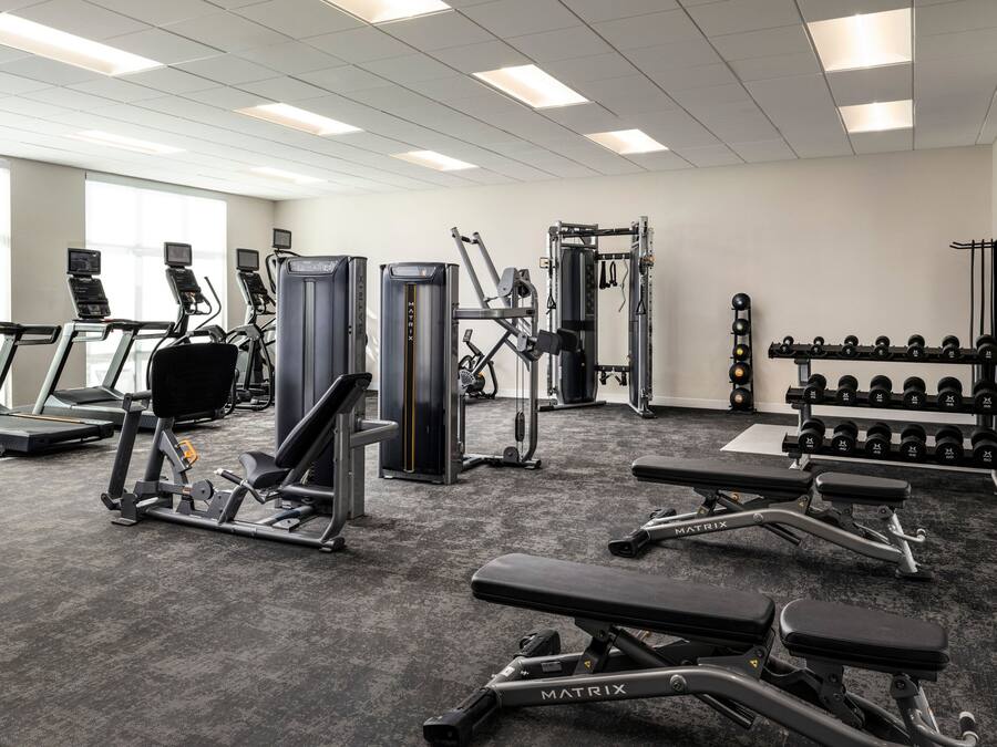 A gym with treadmills, weight machines, and dumbbells.