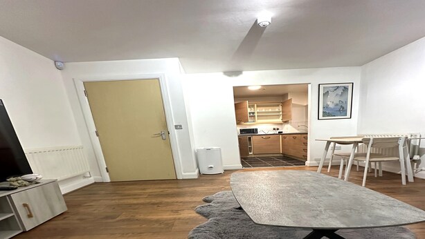 A living room with a grey rug, wooden flooring, a TV, and a door leading to a kitchen.