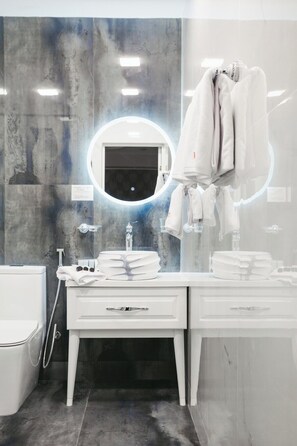 Hair dryer, bidet, towels