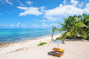 Accommodatie ligt op het strand, ligstoelen, strandlakens