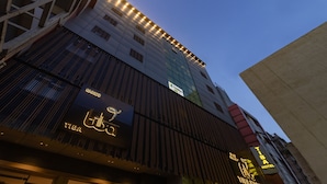 Een modern gebouw met een opvallend ‘treebo’-bord, een ‘TIBA HOTEL’-bord en een ‘TEA’-bord.