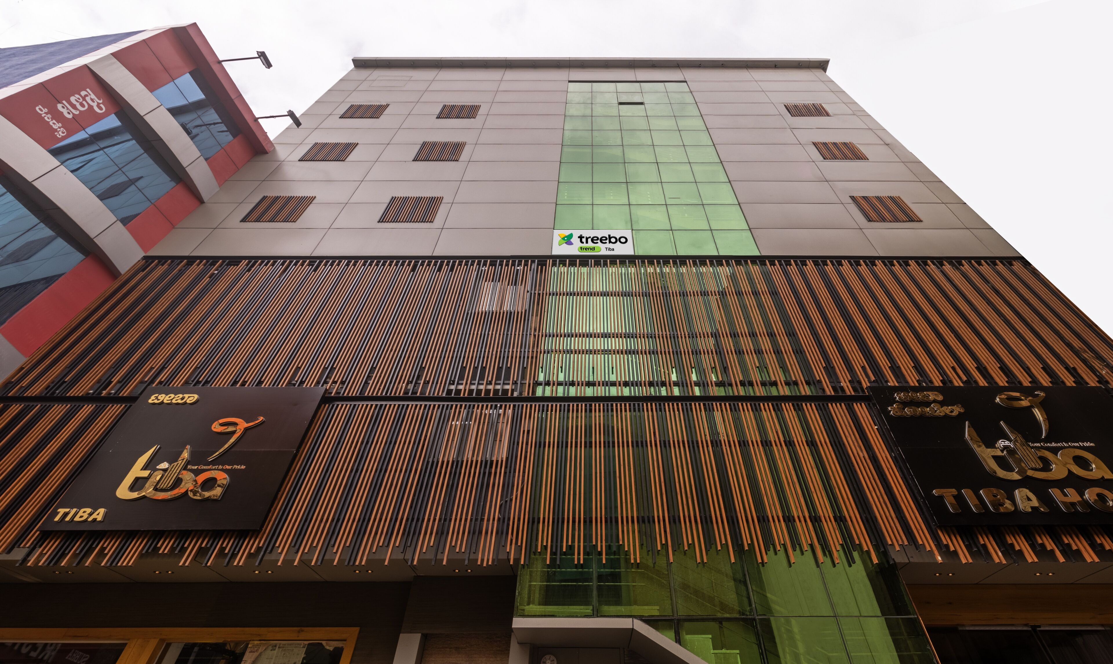 A modern building with a green glass facade and a sign for 'treebo'.