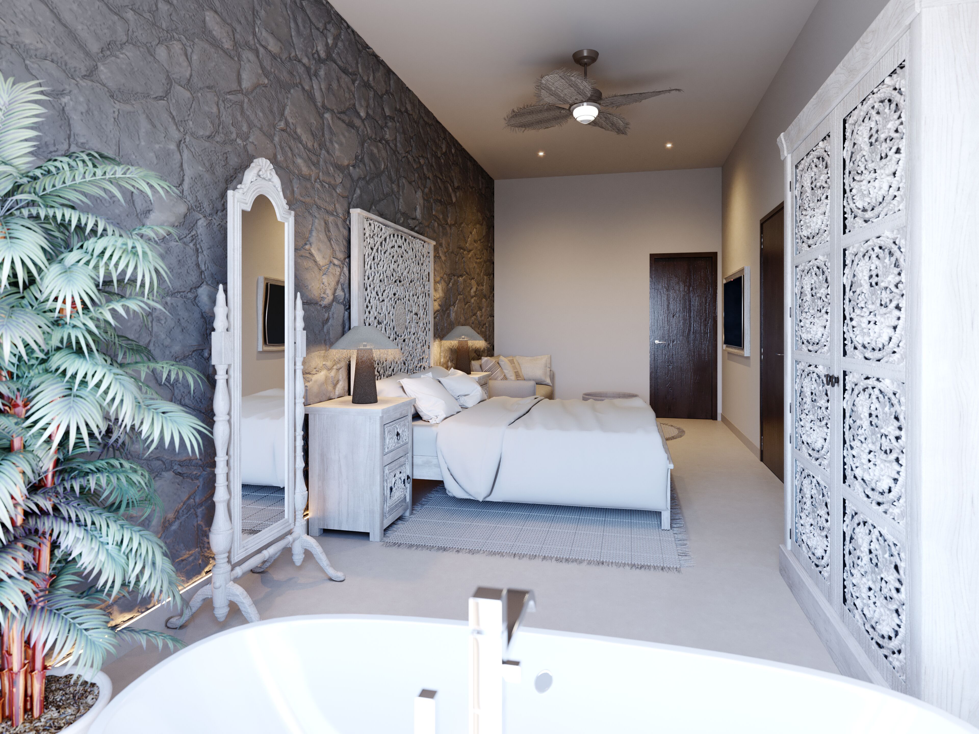 Ropa de cama de alta calidad y caja de seguridad en la habitación 