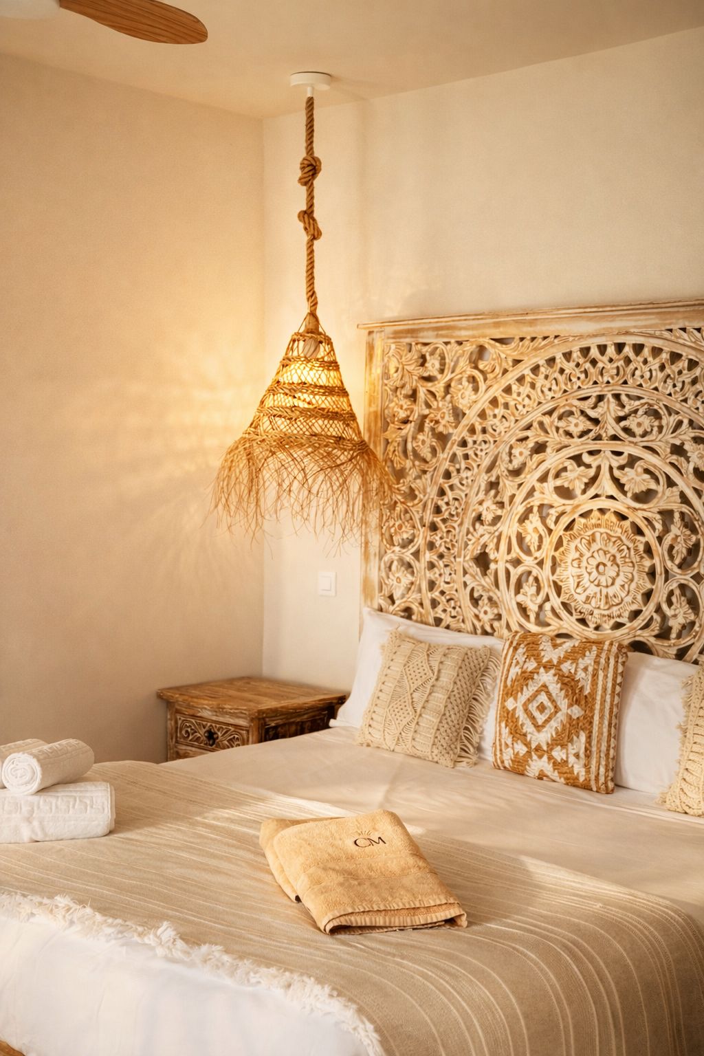A bedroom with a bed, a hanging light fixture, a decorative headboard, and a bedside table.