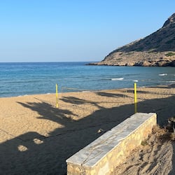 Plage, chaises longues, parasols