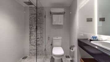 Un bagno moderno con doccia a vetro, un water e un lavabo con mobile contenitore.
