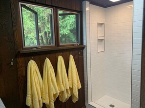 Shower, towels, soap, toilet paper