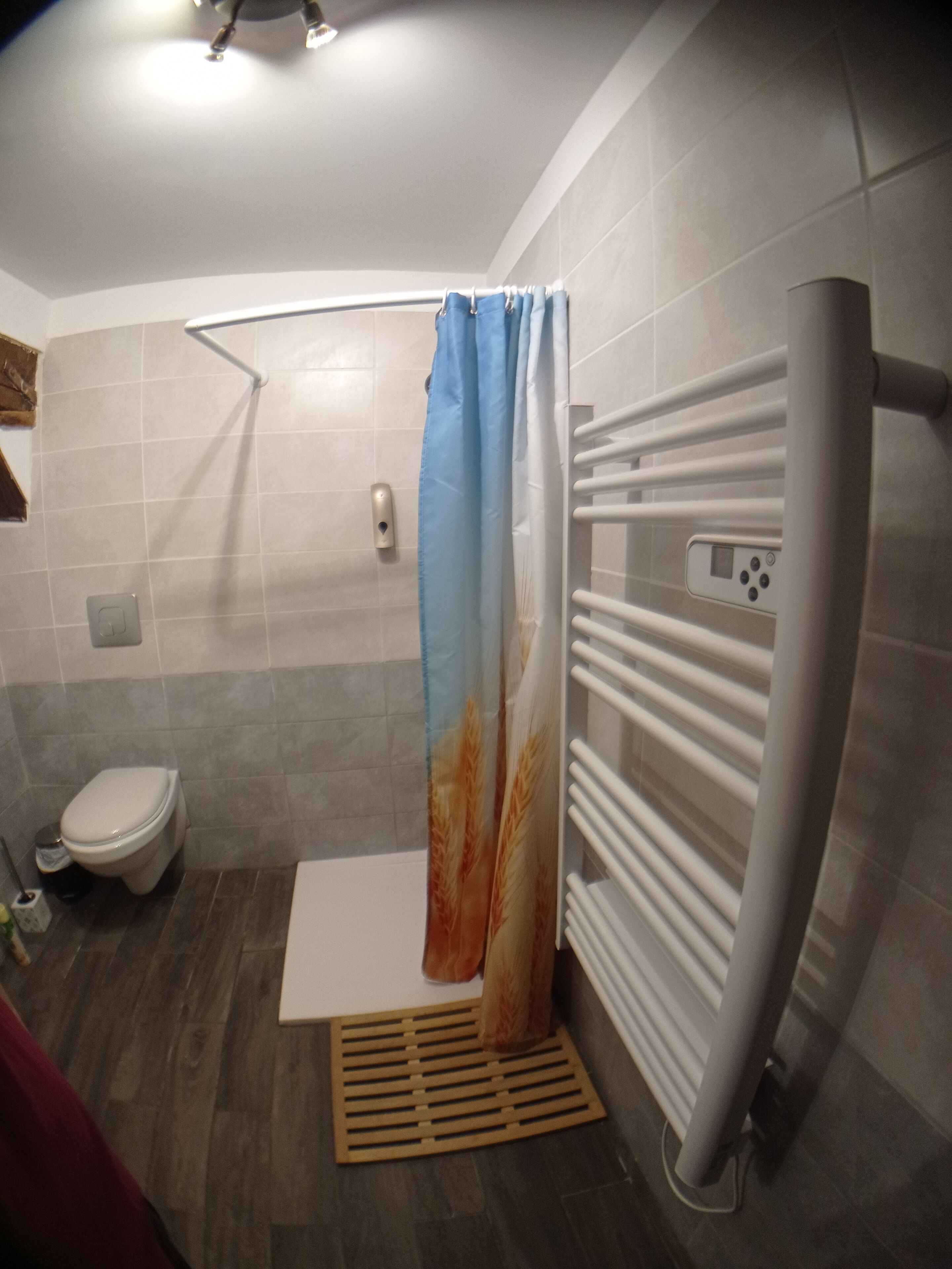 A bathroom with a shower, toilet, and a towel rack.