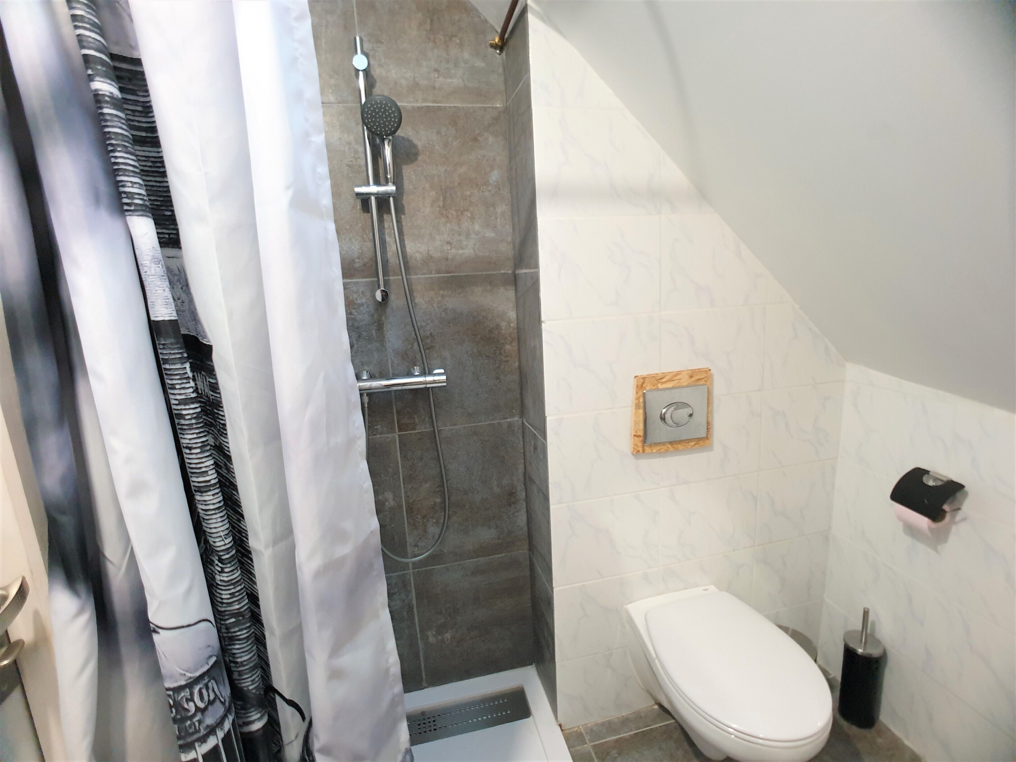 Une salle de bain équipée d’une douche, de toilettes et d’un porte-serviettes.