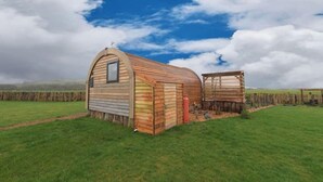 Une petite construction en bois, d’un seul étage, avec un toit en pente, une fenêtre et une cheminée, située dans un champ verdoyant sous un ciel dégagé.