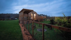 Une cabane en bois avec une cour clôturée, entourée d’arbres et sous un ciel dégagé.