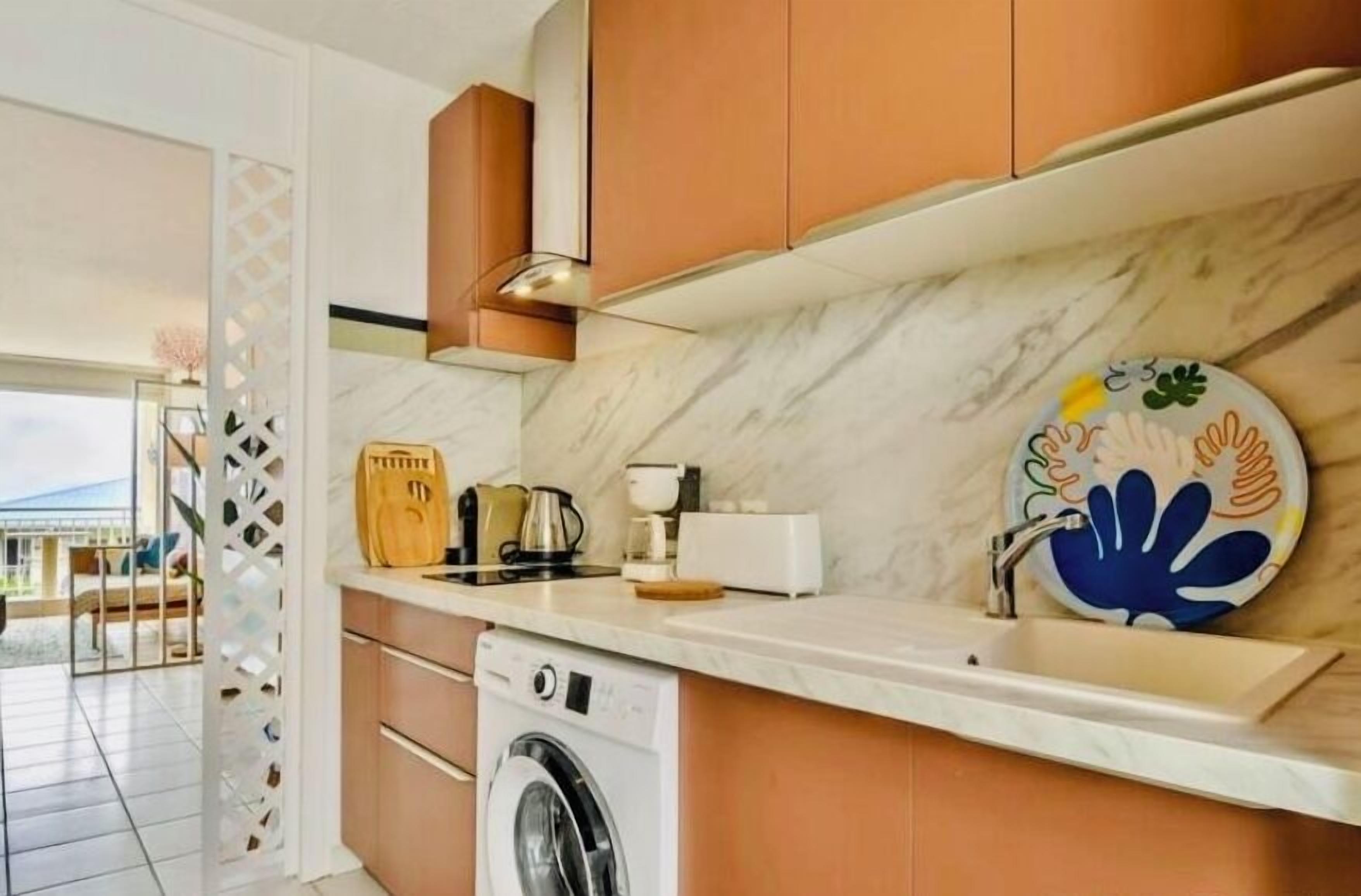 Une cuisine moderne dotée d’un lave-linge encastré, d’un plan de travail en marbre et d’une assiette décorative.