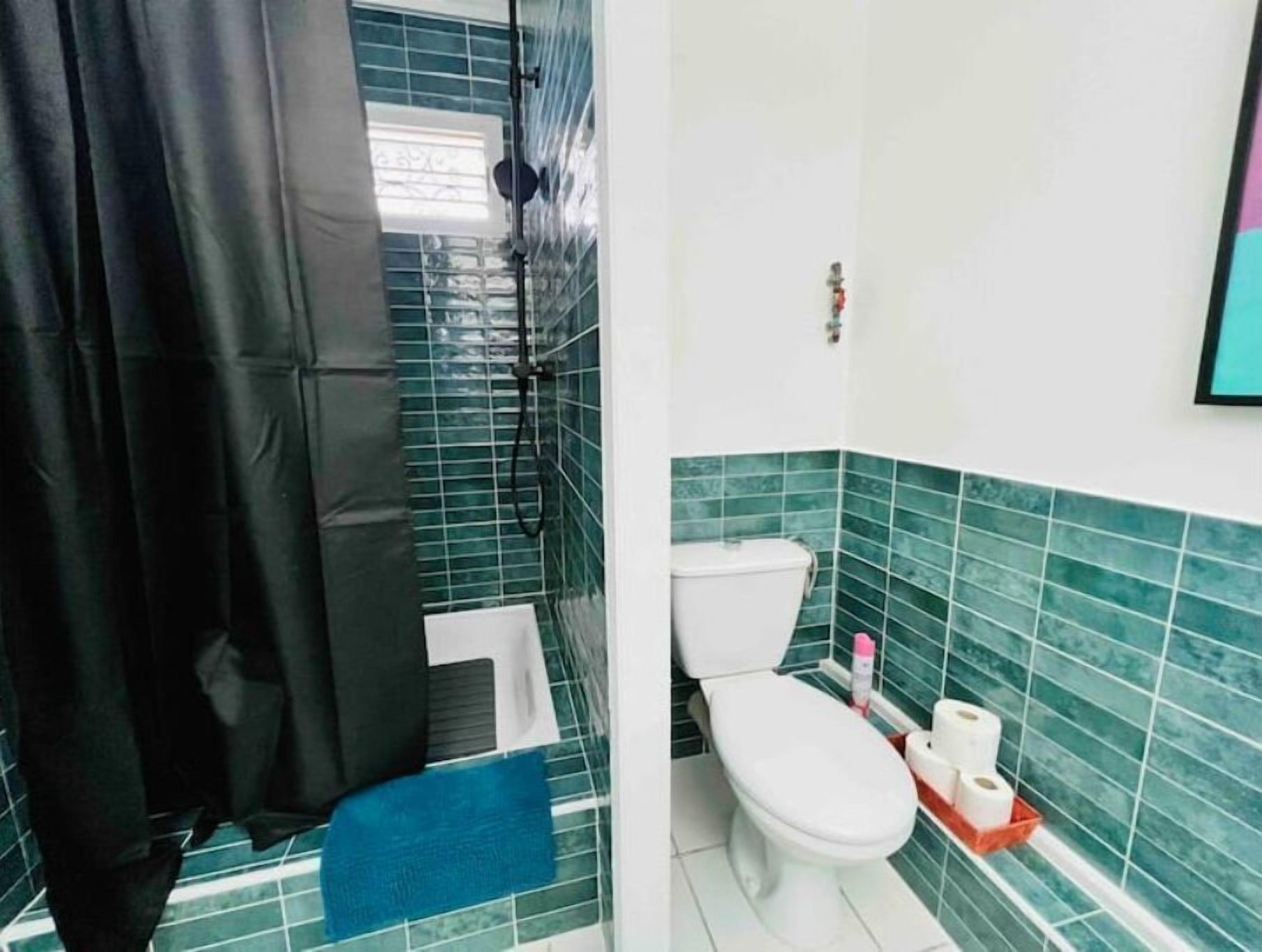 A bathroom with a shower, toilet, and a blue mat.