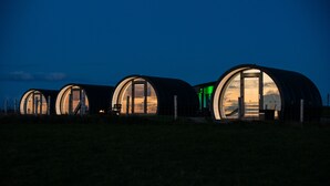 Une rangée de cabanes en forme de dôme, dotées de grandes fenêtres, se dresse dans un champ verdoyant, au crépuscule.