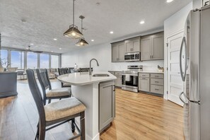 Fridge, microwave, oven, dishwasher