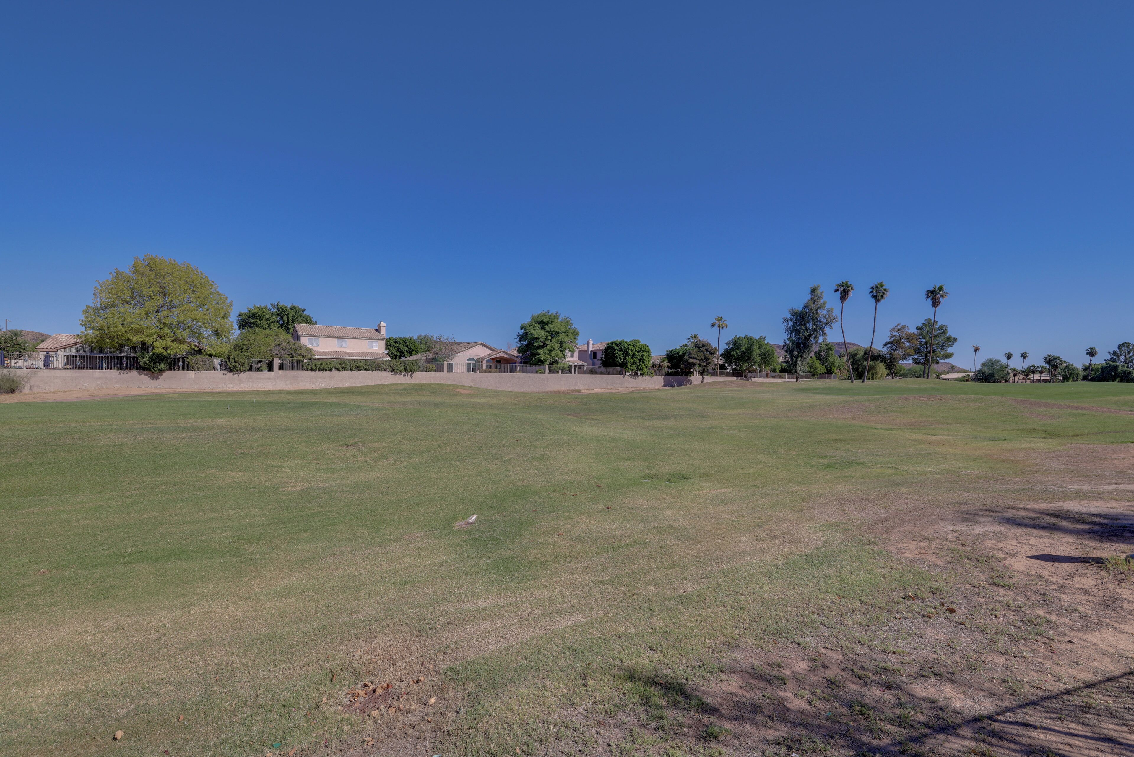 A large open grassy field with a few trees and houses in the background.