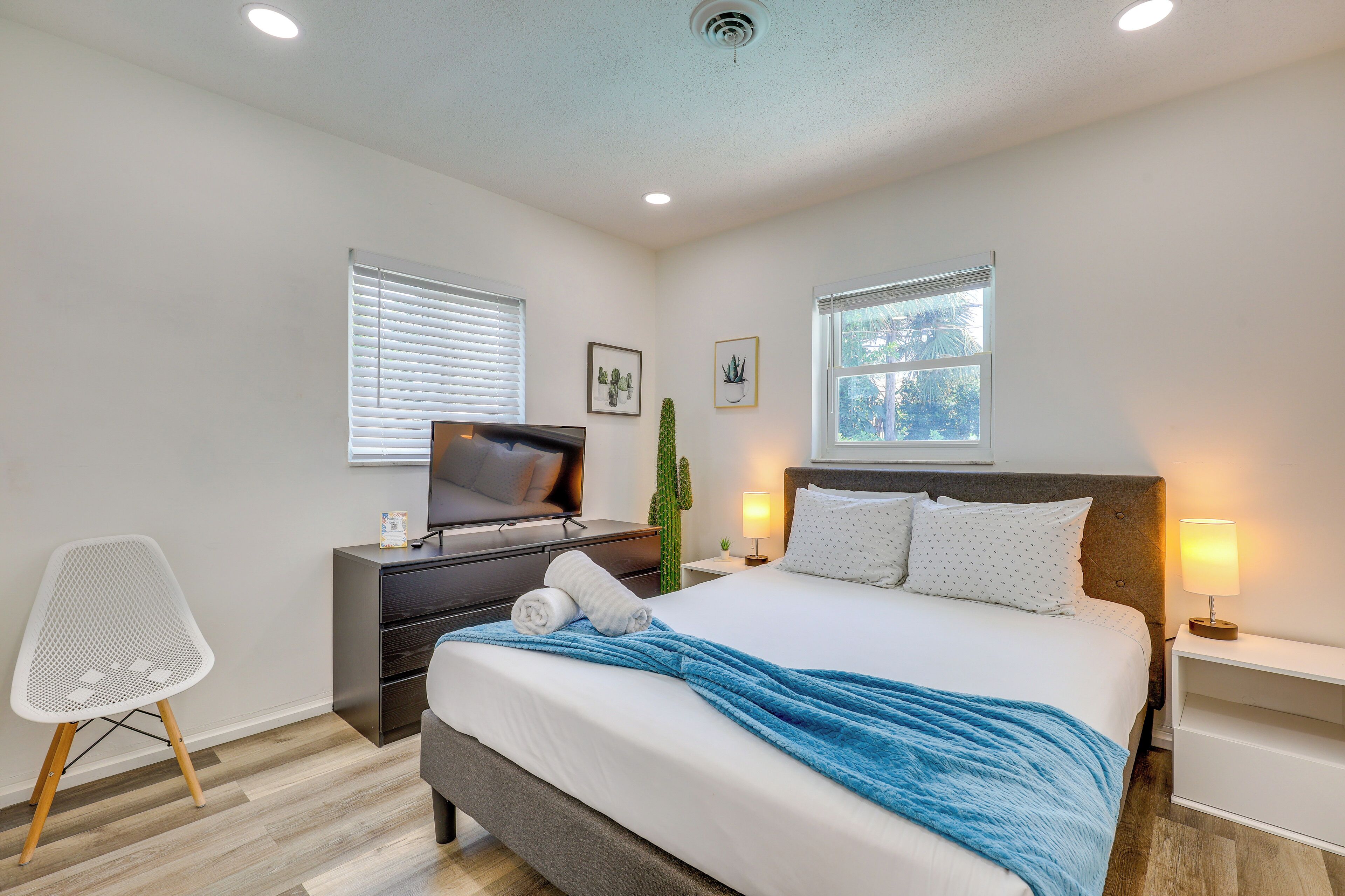 A bedroom with a bed, a television, a cactus, and a window.