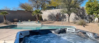 Lovely desert home with pool, covered patio, office, & mtn views - dog-friendly