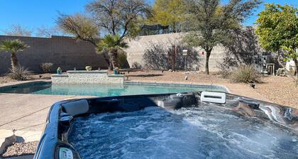 Lovely desert home with pool, covered patio, office, & mtn views - dog-friendly