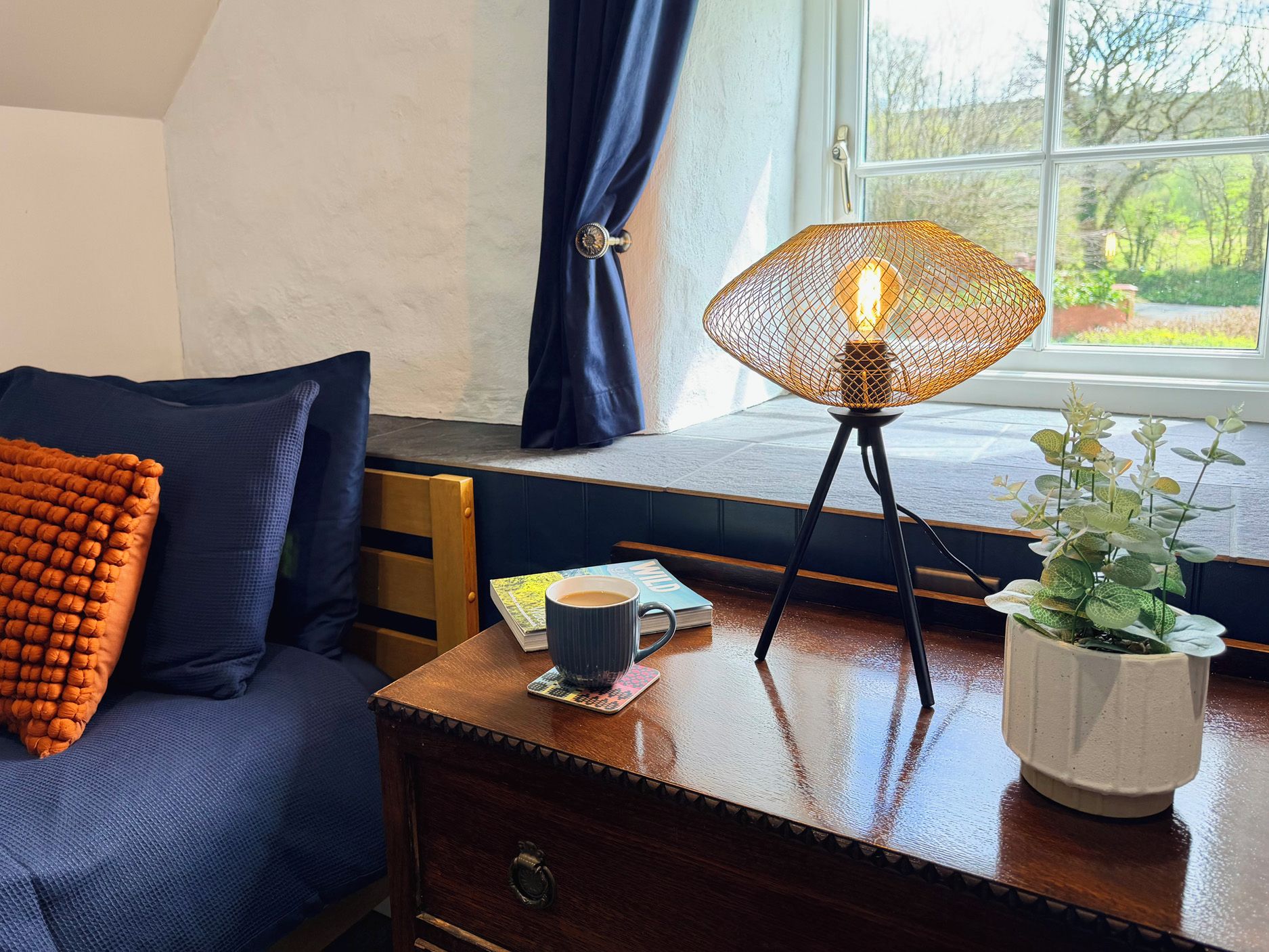 Een gezellige kamer met een houten bureau, een blauwe bank met oranje kussen, een plant in pot en een tafellamp.