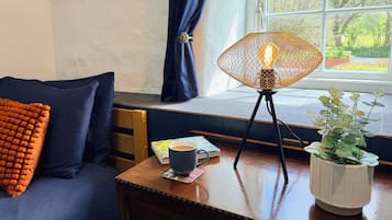 Een gezellige kamer met een houten bureau, een blauwe bank met oranje kussen, een plant in pot en een tafellamp.