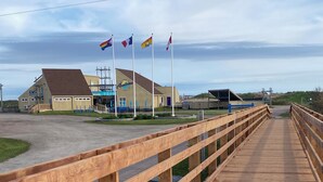 Een houten looppad leidt naar een gebouw met een bord waarop 'Cavood' staat.