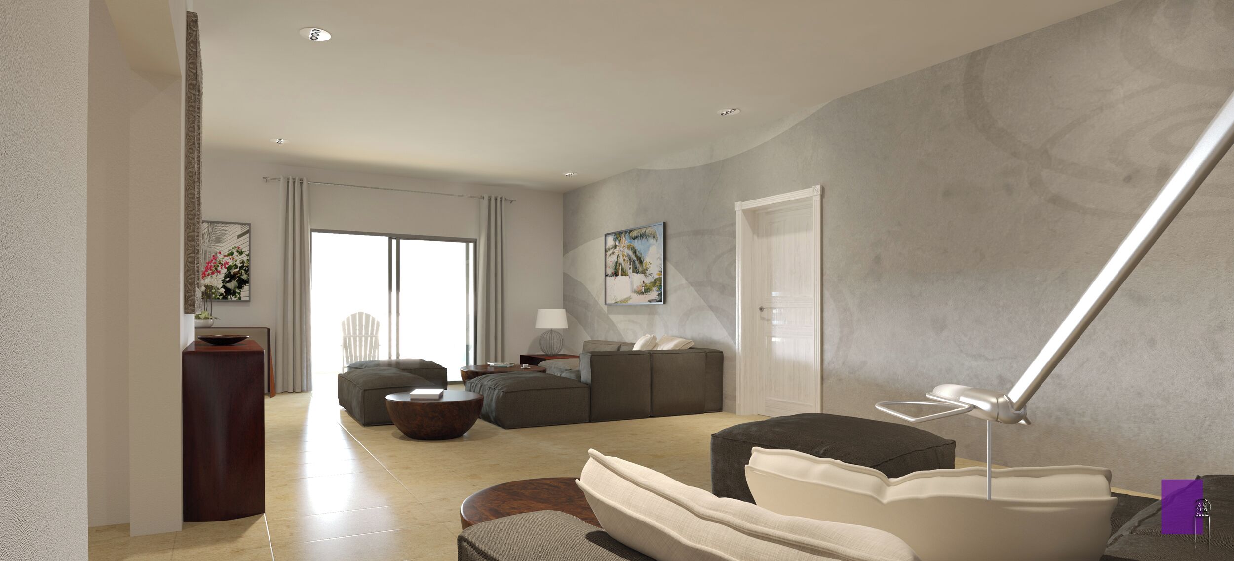 A modern living room with a sofa, armchairs, a coffee table, and a floor lamp.