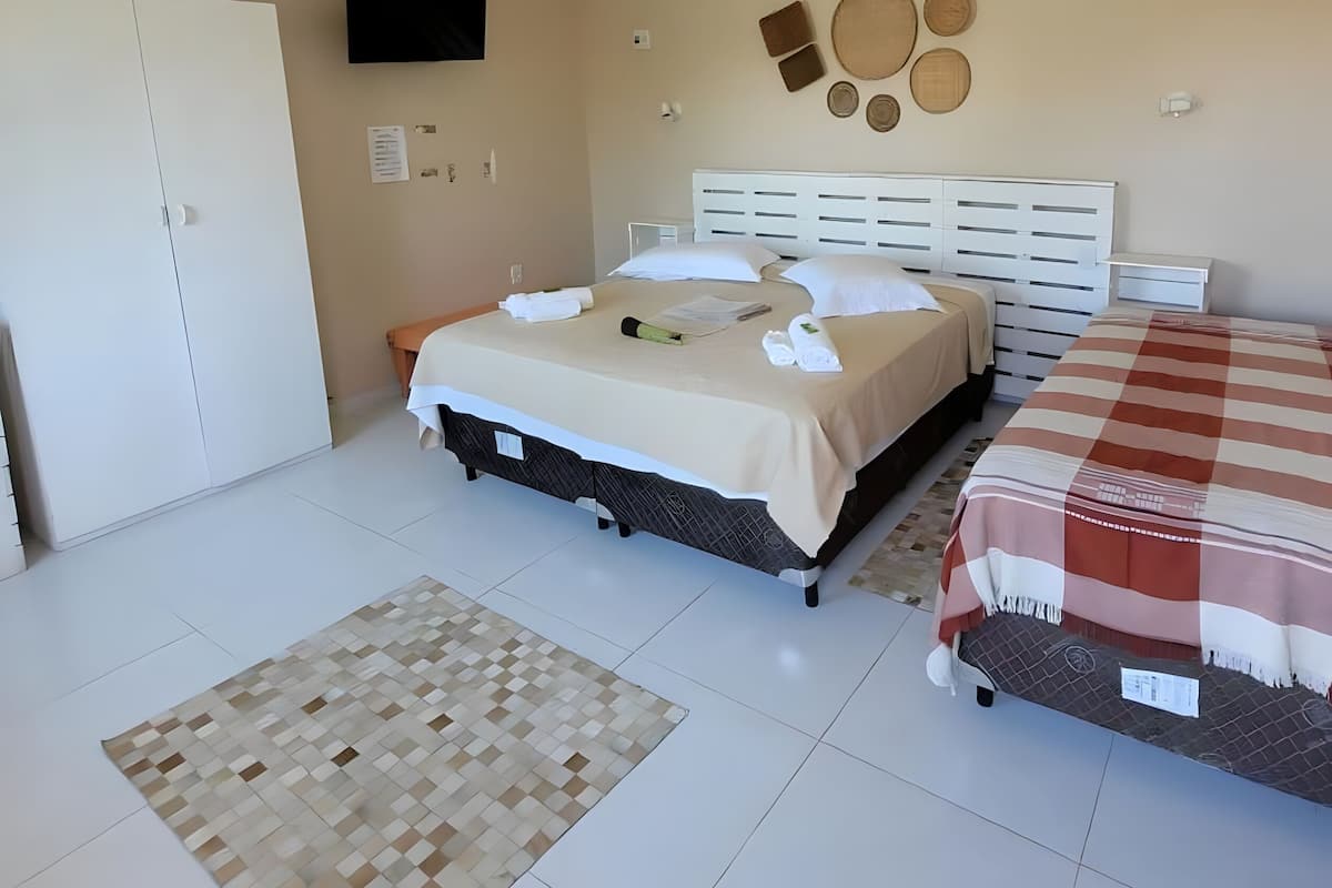 A hotel room with a bed, a desk, a wardrobe, a ceiling fan, a flat-screen TV, and a wall-mounted air conditioner.
